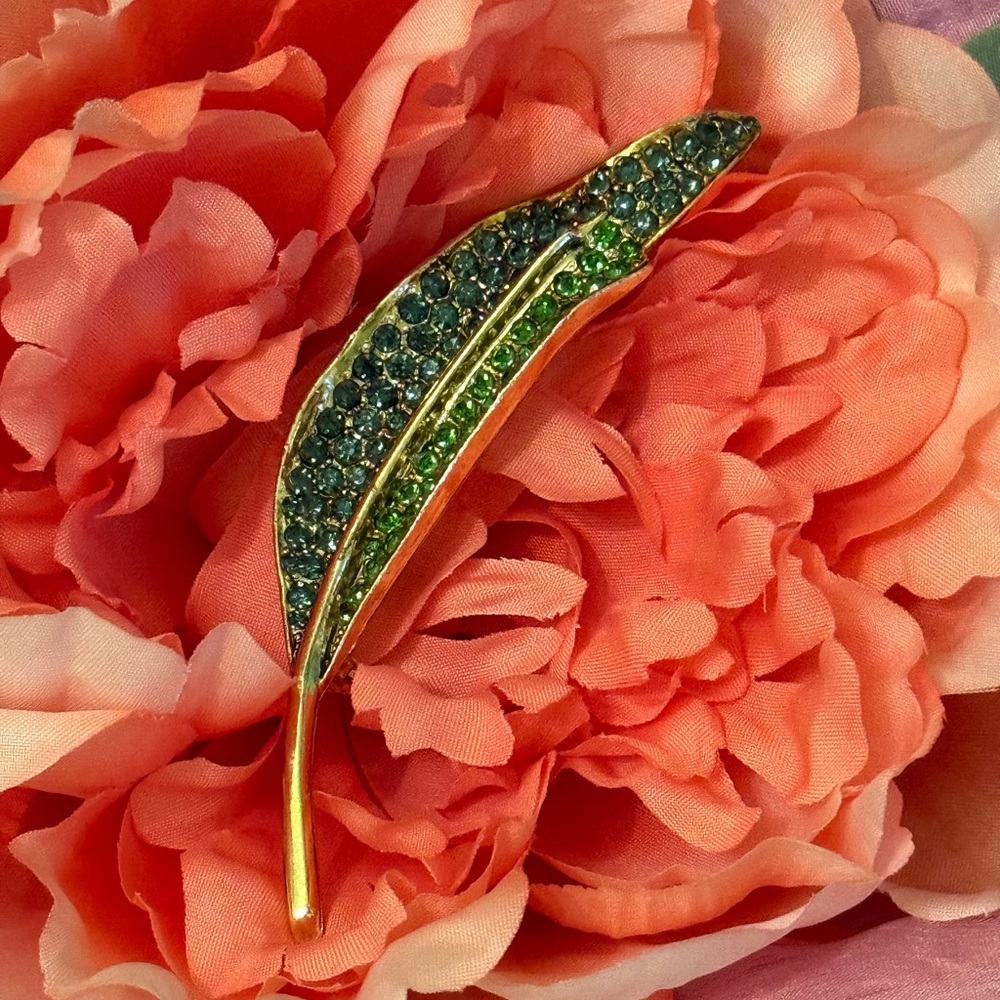 Vintage Blue & Green Rhinestone Leaf Shaped Brooch